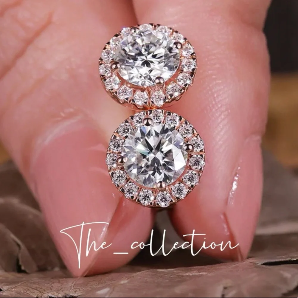 HALO ROSE GOLD PLATED ROUND CUT STUD EARRINGS - Picture 3 of 3